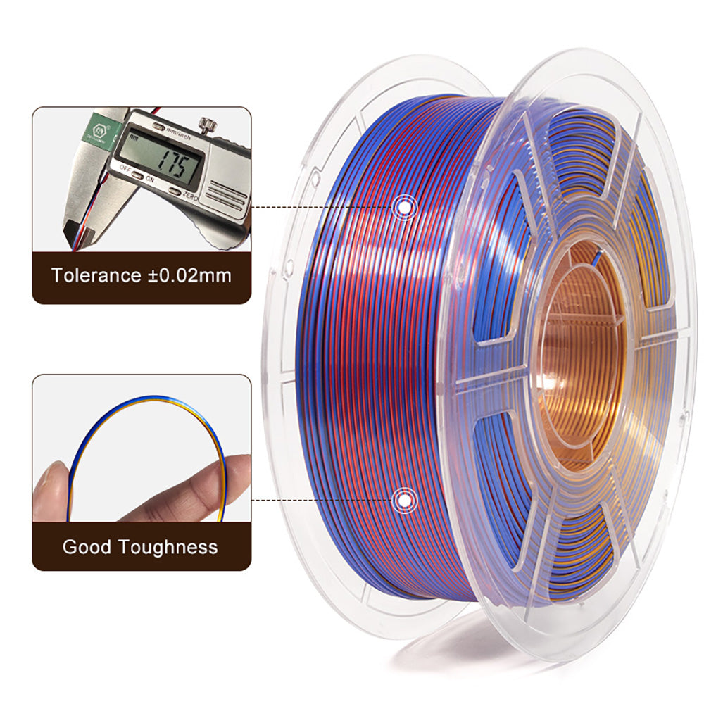 MINGDA Silk Tri-Color PLA Filament, 1,75mm für 3D-Drucker, Filament PLA Glänzendes Filament 1kg (2,2 lbs), Rotgold Blau