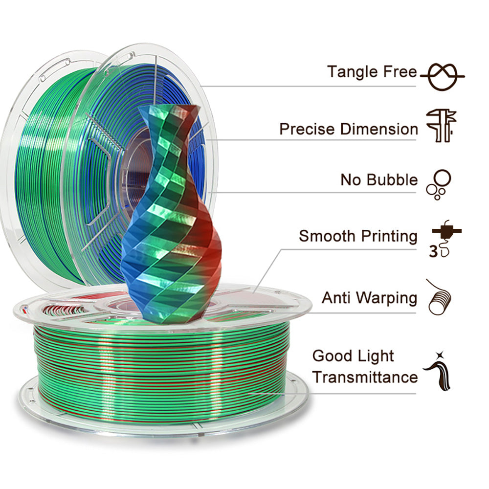MINGDA Silk Tri-Color PLA Filament, 1.75mm for 3D Printer, Filament PLA Shiny Filament 1kg(2.2lbs), Red+Green+Blue